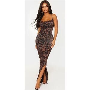 Pretty Little Thing SHAPE BROWN LEOPARD PRINT SLINKY COWL NECK MAXI DRESS Small